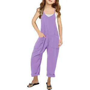 Girl's Casual Sleeveless Jumpsuits Spaghetti Straps Harem Long Overalls With Pockets