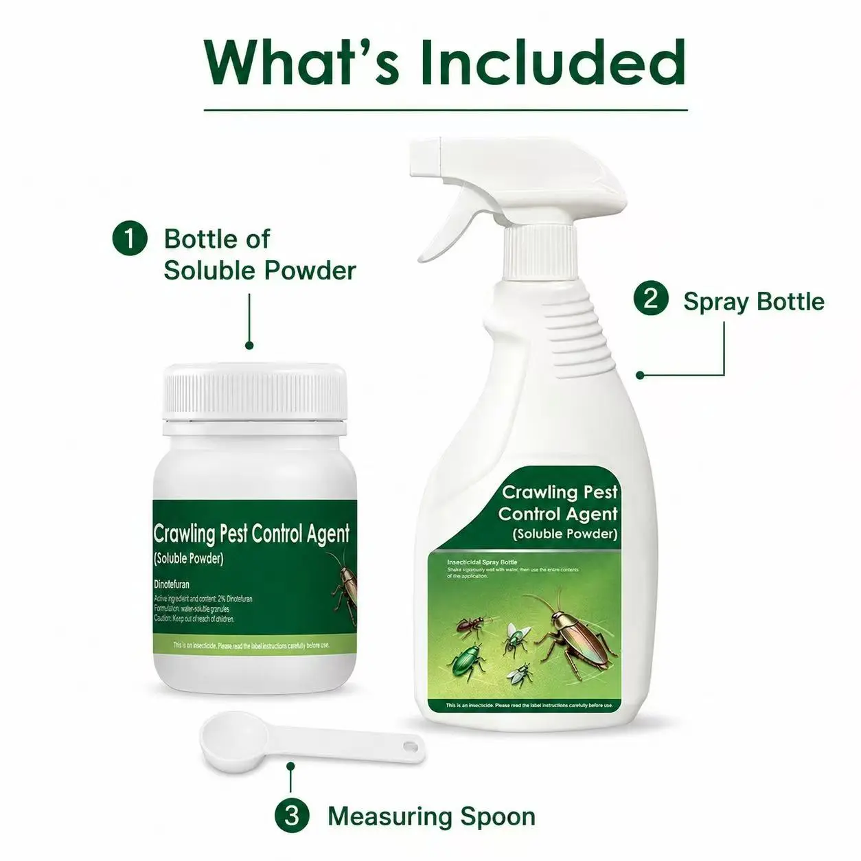 Pest control kit contents including powder bottle, spray bottle and measuring spoon