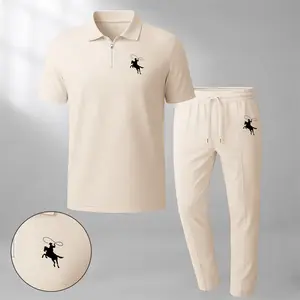 Men's Premium Print Zip-Up Collar Short-Sleeve Polo Shirt And Pants Two-Piece Set, Made With Waffle Knit Fabric, Breathable And Comfortable, Soft Texture, And A Relaxed Fit, Suitable For Everyday Casual Wear.