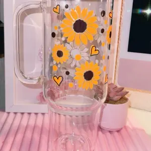 Sunflower 40 oz Glass Tumbler with Heart Design and Clear Handle for Beverage Enjoyment