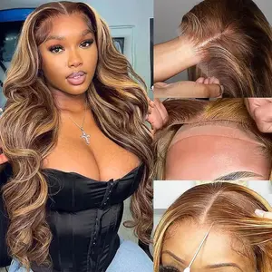 28 Inch Wear and Go Glueless Wigs Human Hair Pre Plucked Pre Cut 5x5 HD Transparent Lace Closure Wigs Human Hair 180% Density Benin girls wig P4/27 Highlight Ombre Body Wave Lace Front Wigs Human Hair dealsforyoudays