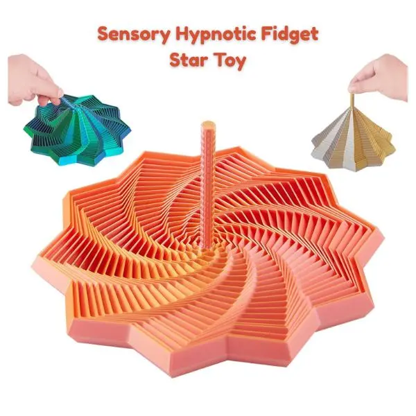 Sensory Hypnotic Fidget Star Toy – 3D Expanding Fidget with Handle, Stress Relief & Anxiety Toy for Adults & Kids, Colorful Desk Toy (Orange-Pink, Large)