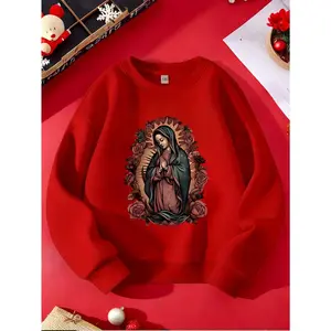 Girls' Virgin Mary & Roses Print Sweatshirt - Soft Warm Long Sleeve Catholic Religious Iconography Sweater, Round Neck Winter Fall Casual Wear for & Church Events, Virgin Mary Icon with Rosary Beads Design ( Clothing)