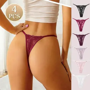 Gemaura 4-Packs Women’s Sexy Low-Rise Semi-Sheer Floral Lace Panties, Comfortable Soft Cotton Gusset, [Thong]Style for Everyday Wear women underwear