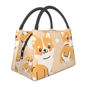 Lunch box, lunch bag, reusable portable insulation bag, insulation bag,corgi pattern, suitable for outdoor camping, work, school, fitness