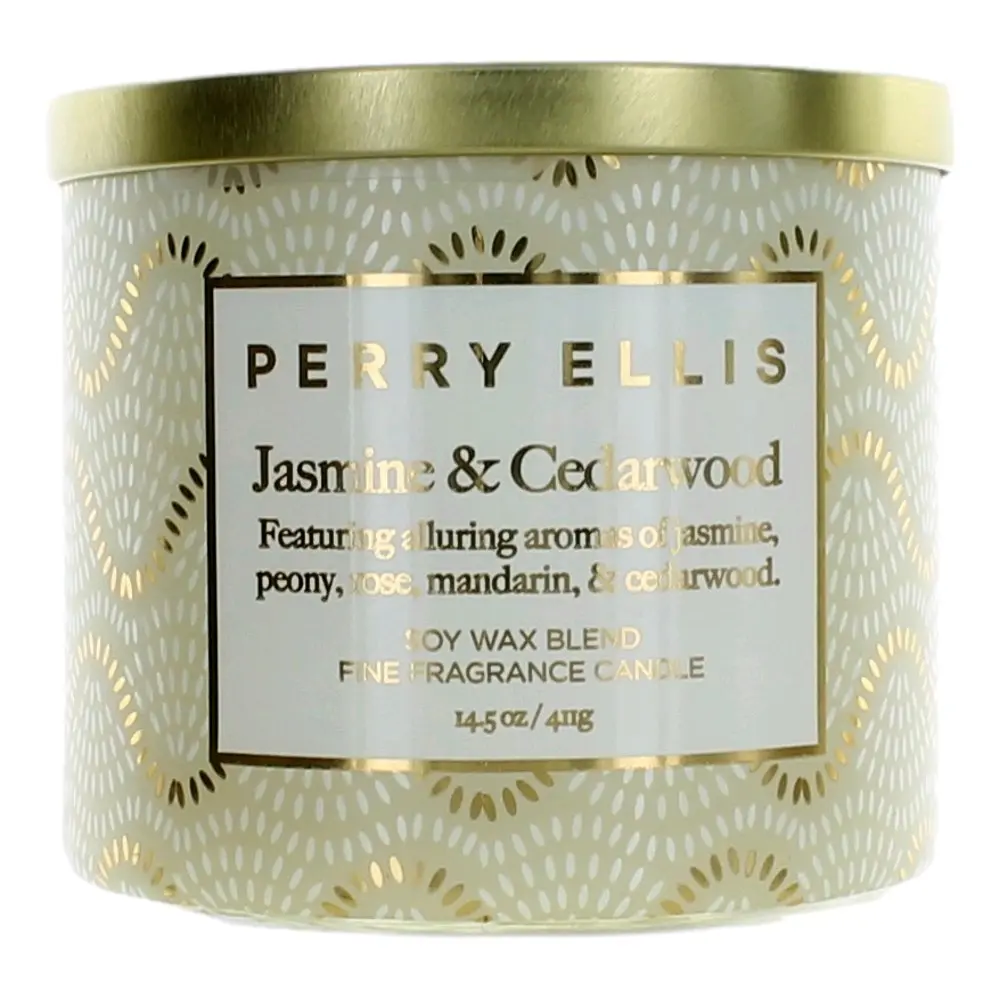 Perry Ellis 3-Wick Decorative Candle - 14.5 oz Soy Wax Blend, Jasmine & Cedarwood Aroma, Neutral Household Candle for Home Decor & Home Supplies, Decorative Candles