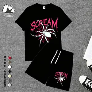 Men's 2-Piece Pink Spider & Web Graphic Outfit, Cotton Short-Sleeve T-Shirt & Athletic Shorts Set, Lightweight Breathable Casual Activewear, Ideal for Gothic/Edgy Streetwear Fans, Gift for Boyfriend