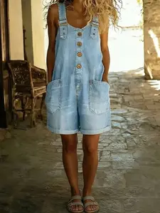 Light Blue Denim Overalls Shorts, Retro Tooling Style, Thin Casual Jumpsuit, Adjustable Shoulder Strap Overalls, Large Sticker Bag Design, Summer Versatile Temperament Pants, Women'S Denim Overalls, a Must for Leisure Travel