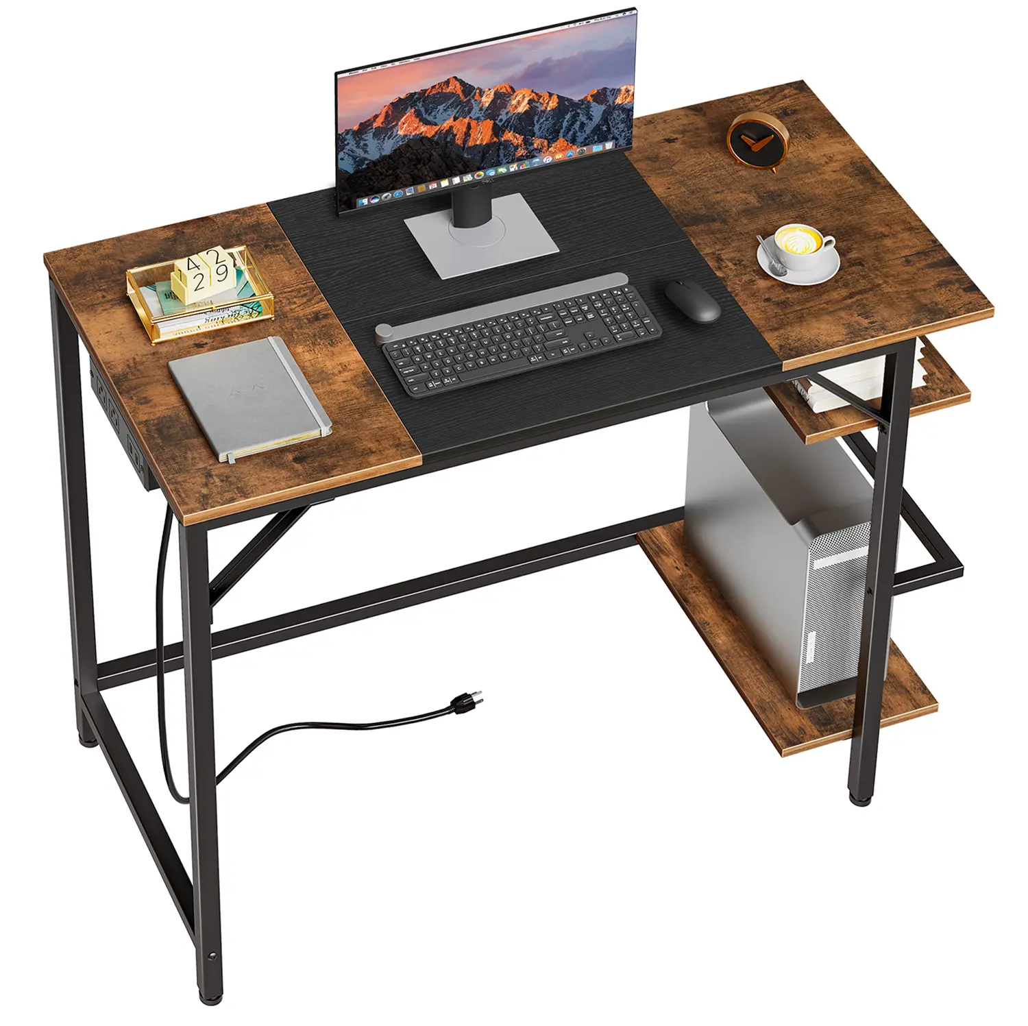 HOOBRO Home Office Computer Desk with Power Outlet, Writing Desk with 2 Shelves, Modern Small Desk for Home Office, Study, Easy to Assemble, Rustic Brown and Black#springtok #SummerVibes