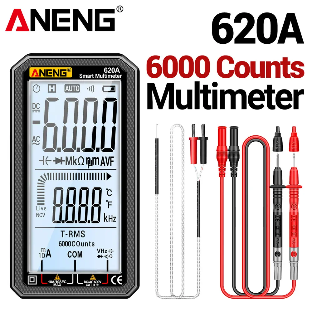 ANENG 620A Digital Multimeter, 6000 Counts True RMS Auto-Ranging Multi Tester, Measures AC/DC Voltage Current Resistance Capacitance Temperature Frequency, NCV Live Wire Detection, Backlit LCD