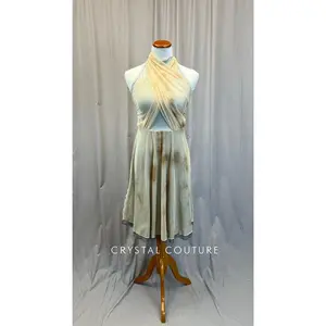 Silver Mock Neck Leotard with Cream/Tan Mesh Skirt, and Draping.