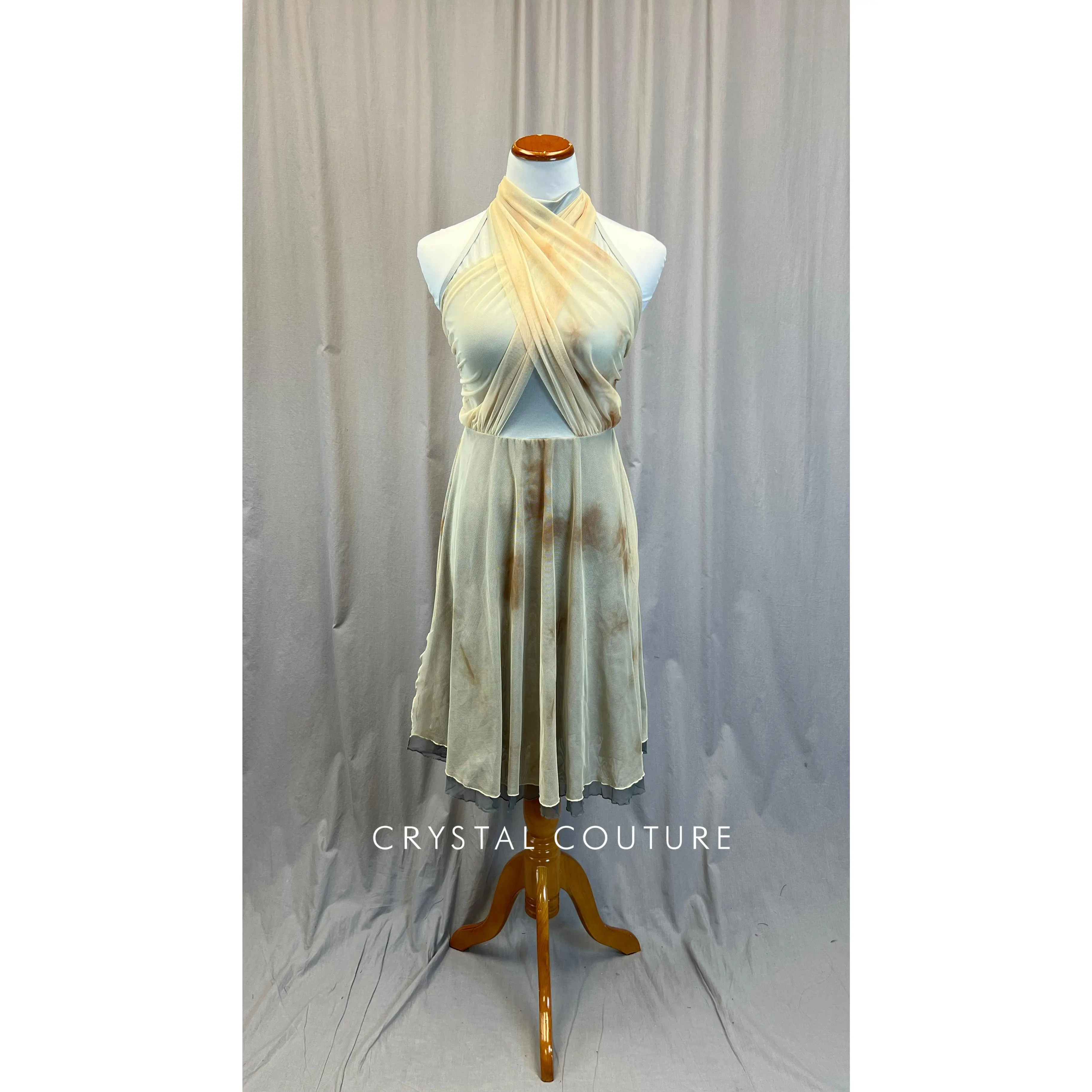 Silver Mock Neck Leotard with Cream/Tan Mesh Skirt, and Draping.