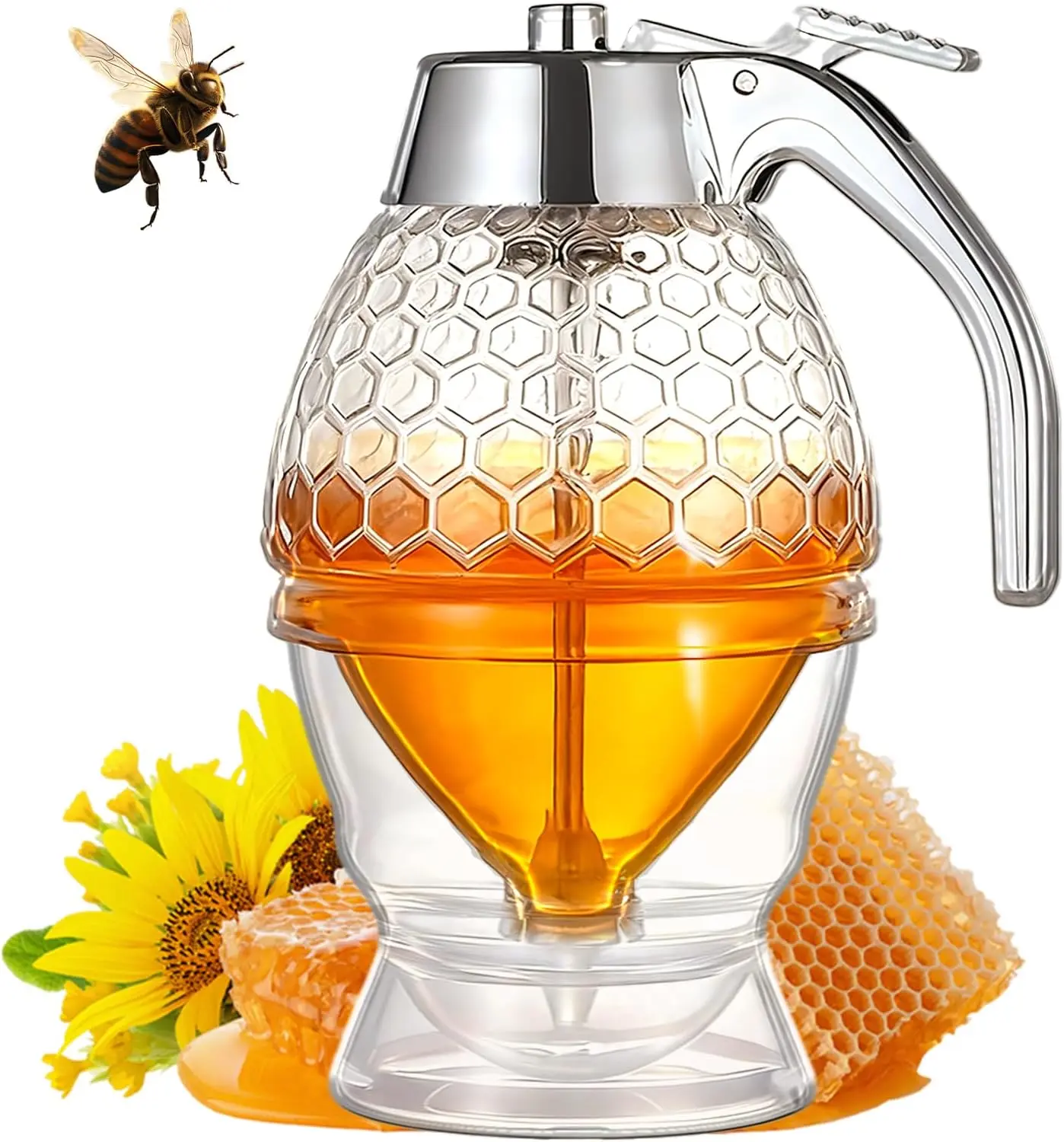 8oz No-Drip Honeycomb Glass Honey Dispenser with Stand - Easy-Press Trigger, Smooth Controlled Flow, Cleaner Countertops for Home Storage & Organization