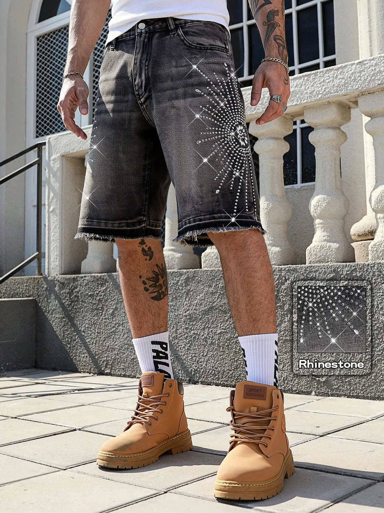 Rhinestone Embellished Slim-Fit Jeans: High-street denim shorts with rhinestone embellishments, featuring a slim-fit design, five-inch length, casual denim style, American street fashion, Streetwear, and everyday denim wear, Menswear, Pants