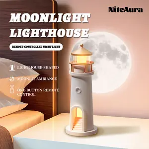 Wireless Portable Moon Lighthouse Lamp with Remote Control,Moon Light Galaxy Projector Rechargeable LED Aesthetic Table Lamp for Kids,room decor for kids，Christmas gift for friend or kid，halloween decor