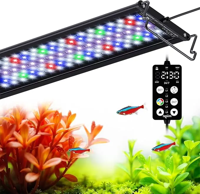 SEAOURA Full Spectrum Aquarium LED Light - 24/7 Cycle, Power-Off Memory, 8 Colors, 20 Brightness Levels, 14W, 15-Min Gradient, 12"-18" (2.5-5.5 gal) Lighting Brackets for Freshwater Tanks, Betta Fish Use