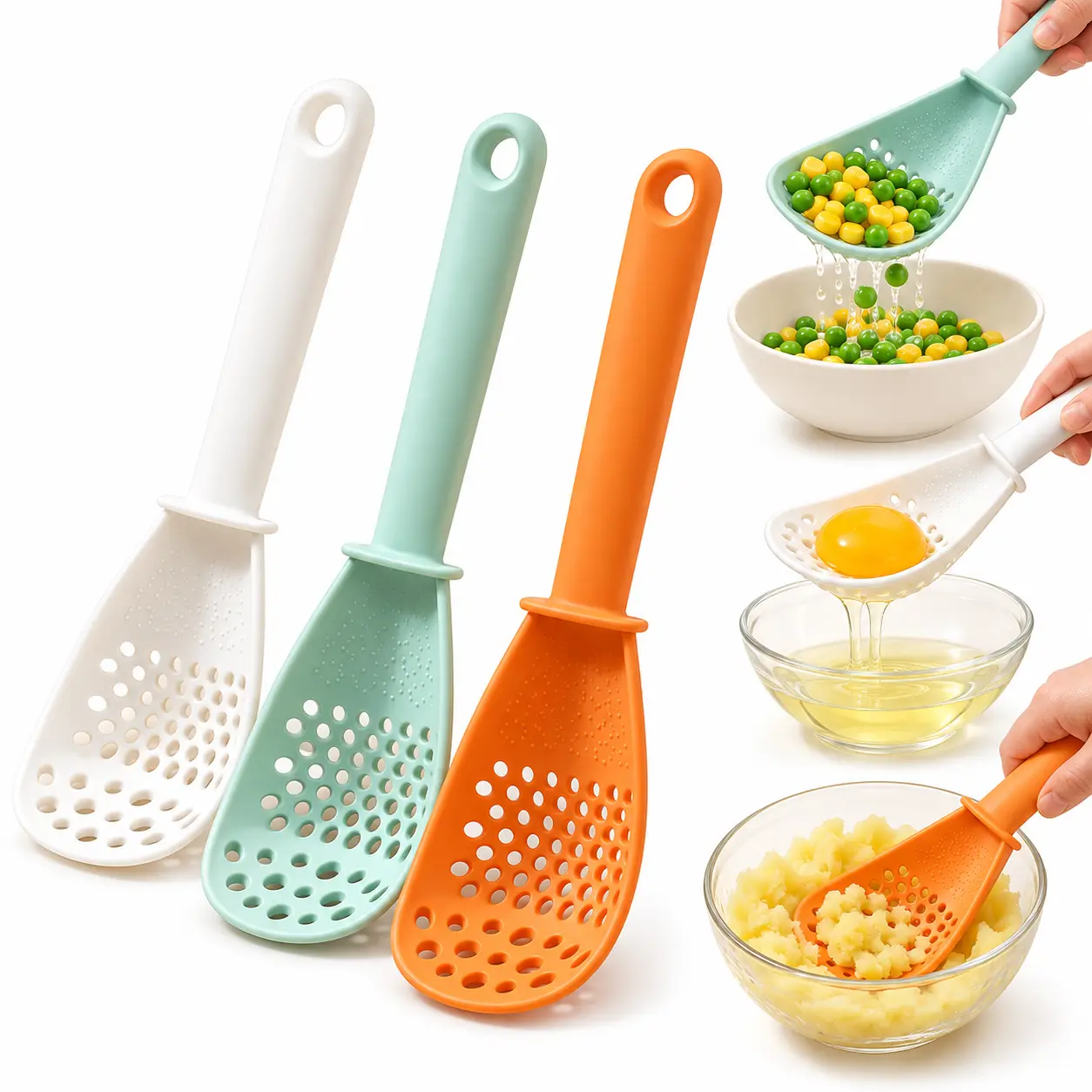 Multifunction Long Handle Colander Spoon - 1 Count Solid Color Slotted Spoon with Hanging Hole, Handy Food Prep Kitchen Tool for Grinding, Stirring, Pressing Garlic & Ginger, Scooping, Draining