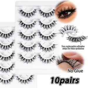 Self-Adhesive False Eyelashes No Glue Needed, Pre-Curled Fine Mink Lashes, D Curl Dense, Dramatic Cat Eye Makeup, Reusable 10 Pairs