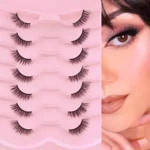 GROINNEYA 7 Pairs Cat Eye Lashes Natural Look Half Eye Lashes Insentience Clear Band Eyelashes Soft Wispy Half Lashes 3D Amazing Effect False Eyelashes,Easy To Wear Beginner Friendly,Suitable for Everyday Use