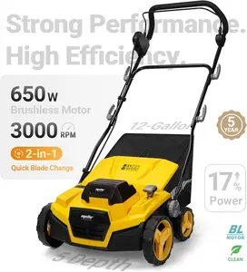 Cordless 15IN 2-in-1 Scarifier & Dethatcher Compatible with Dewalt 20v Battery (Tool Only), 12 Gal Collection Bag, Air Boost Technology, Quick Fold & 3 Adjustable Position, Walk-Behind for Lawn Care