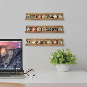 Wall Mounted Dark Burnt Wood, Coin Holder and Casino Chip Display Shelf, One Row Military Coin Showcase Rack, Set of 3