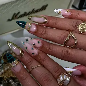 SHEDARES Turquoise Gem – Handmade Press-On Nails with Teal Gem Details, Gold Metallic Edges, Animal Print Tips & Glossy Nude Base – Perfect for Bold Glam & Vacation Styles