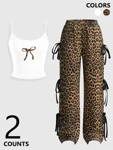 Women's 2 Piece Outfit - Leopard Print Outfits Set Y2K Coquette Bow Print Cami Crop Top & Side Tie Bow Wide Leg Pants, 90s Trendy Casual Matching Set, Sexy Going Out Sets for Daily Wear Vacation Party Loungewear Spring Fashion Summer Co-ords #OOTD