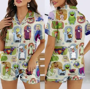 Kermit & Miss Piggy Muppets Satin Pajama Set – Unisex Long Sleeve or Short PJs, Cute Spooky Season Loungewear