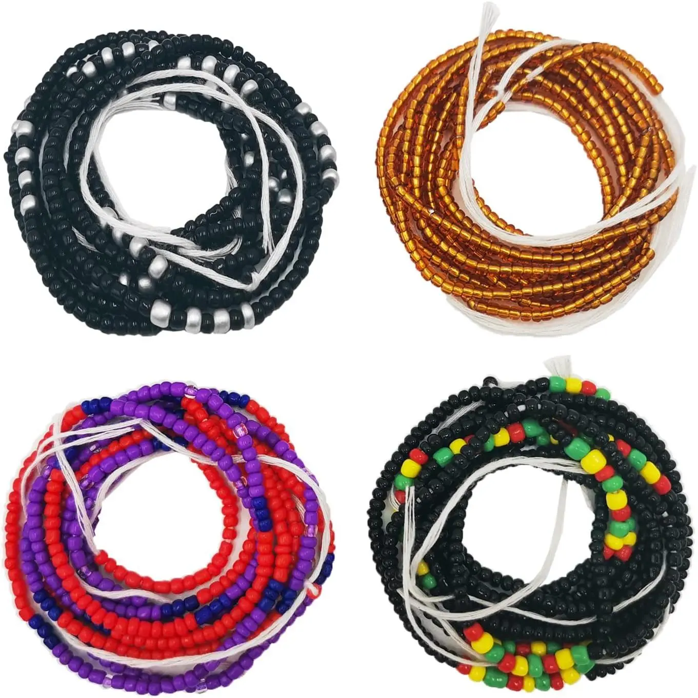 4 Pack 50 Inch Handmade African Waist Beads for Women, Tie-On Non-Stretching Glass Beaded Body Jewelry for Beach Parties & Weight Tracking
