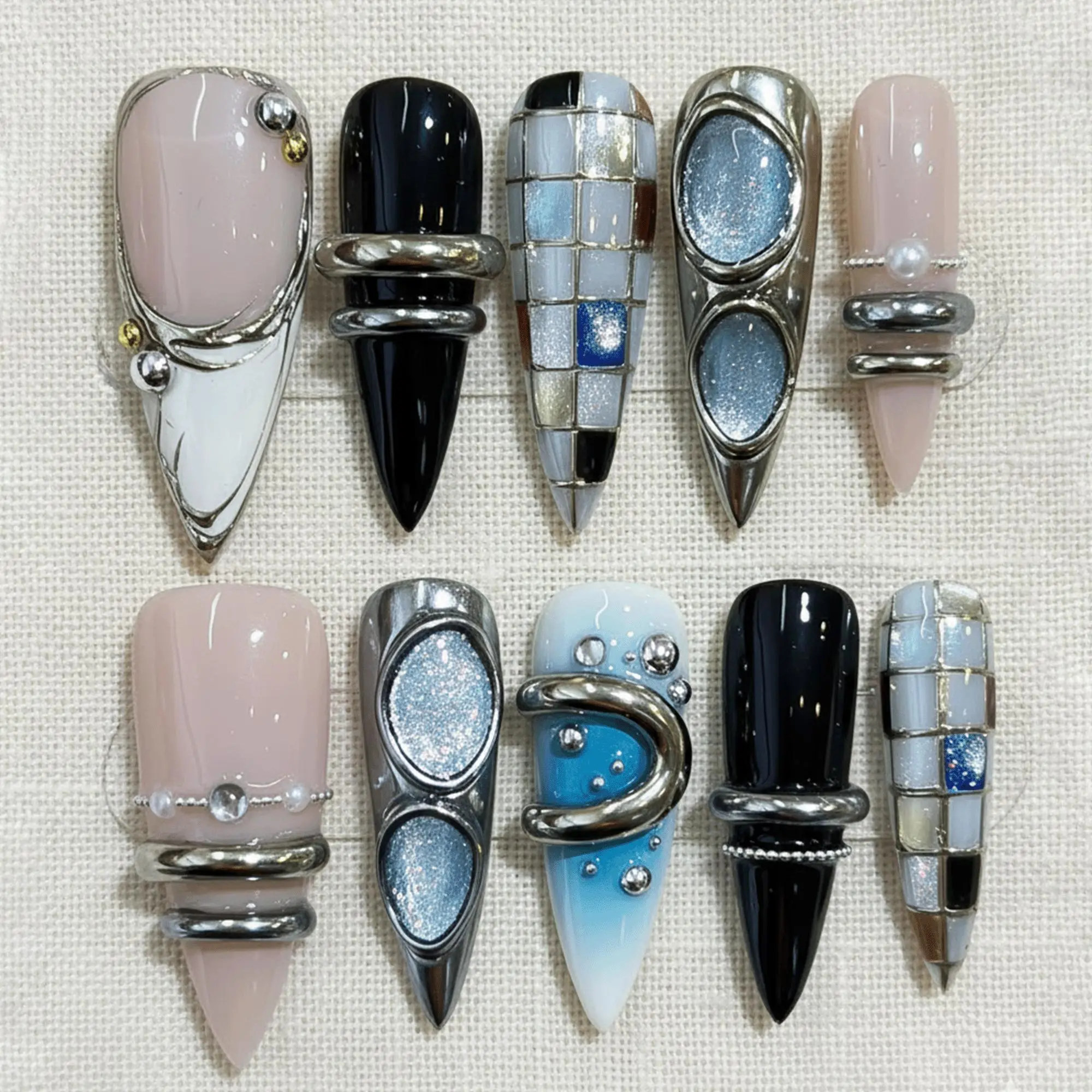 Futuristic Bangle Press On Nails, Silver Chrome Metallic Nails, Cyberpunk Blue Nails, Edgy Statement Nail Set