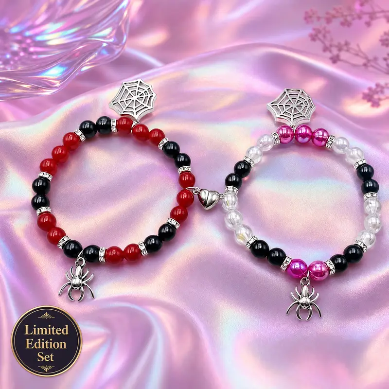 TMANI 2-Pcs Exquisite Bracelet Sets for Couples, Silver Spider Pendant Heart-Shaped Magnetic Beaded Adult Costume Jewelry, Matching BF and GF Couple Magnetic Bracelet, GF Gift for Spouses