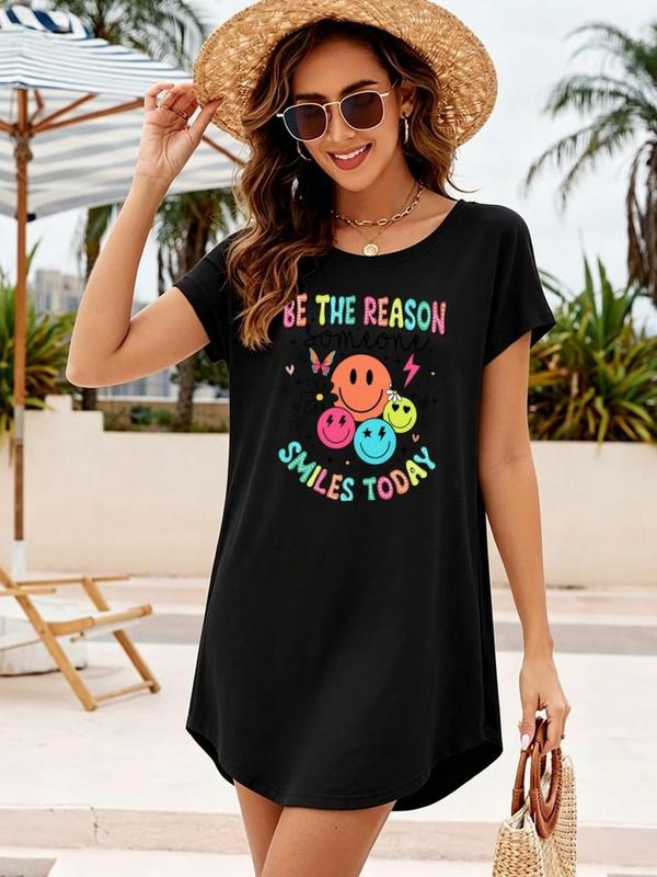 Be The Reason Someone Smiles Today Colorful Smile Face Letter Graphic Women Black Tunic Dress, Viral TikTok Positive Inspirational Quote Print Loose Casual Ladies Sundress