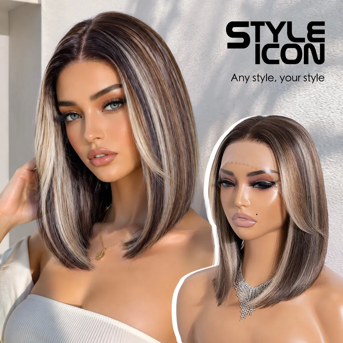 STYLE ICON Sleek Bob Glueless Frontal Wig - 12in Pre-Plucked Pre-Cut T-Part Lace, Heat Resistant Casual Brown Hair Synthetic Lace Front Wig for Beginners (CAPPY), Glueless Frontal Wigs, Sleek Bob Wig