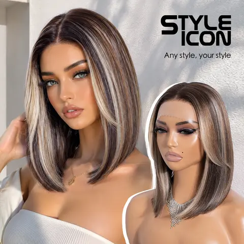 STYLE ICON Women's Sleek Bob Glueless Frontal Wig - 12in Pre-Plucked Pre-Cut T-Part Lace, Heat Resistant Casual Brown Blonde Straight Synthetic Wig for Beginner Females, Glueless Frontal Wigs, Sleek Bob Wig