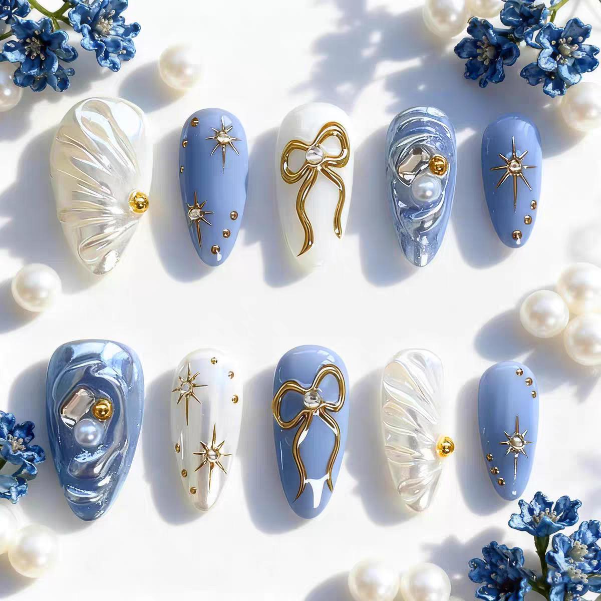 【Lucy UU】Gorgeous Ice Blue Milky White 3D Wave Bow Press On Nail Medium Almond Shape Handmade Reusable Luxury Fake Nails With Rhinestone Star Accents For Women