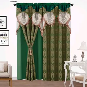 Sets Curtains 06273-6# Green & Beige Embroidered Tassel Decorative Window Coverings for Living Room