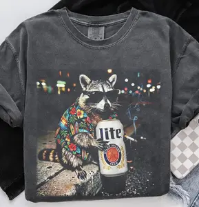 Comfort Colors Raccoon Smoking Beer Shirt, Funny Animal Meme Graphic Tee, Vintage 90s Graphic Streetwear T-Shirt