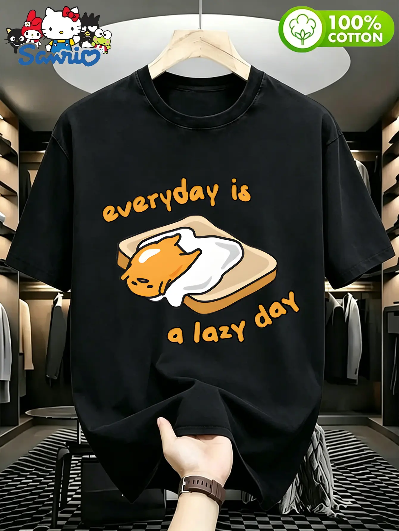 Men's Breathable Minimalist Fit Cotton T-Shirt - Cute Lazy Cat Toast Egg Cartoon Graphic, Short-Sleeve Casual Tops