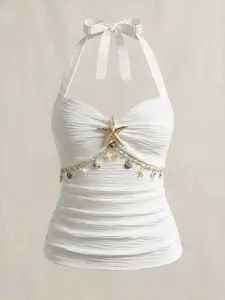 Women's Starfish Detail Halter Top, White Crinkled Textured Ruched Cami with Shell Charms, Ladies Sweetheart Neckline Sleeveless Summer Top, Beach Wear Seashell Embellished Vest