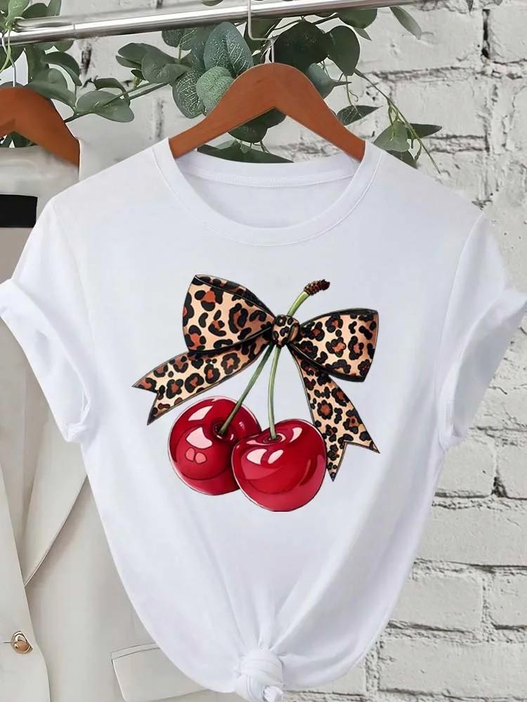 Fashion Cherry Print Women T-Shirt Short Sleeve Crew Neck Casual Tops for Summer Spring Women's Clothing Tops Tees