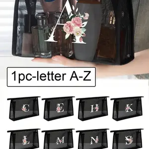 Mesh Bag with Floral Letters A-Z, Transparent Net Cosmetic Storage Pouch, Multifunctional Travel Portable Bag, Travel Cosmetic Bags