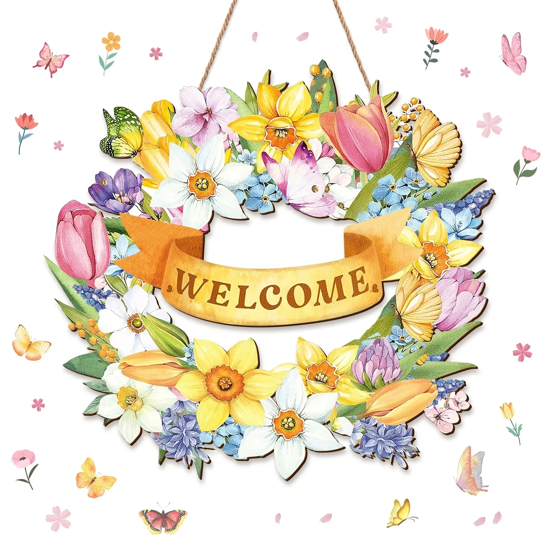 Spring Door Sign, Floral Welcome Spring Door Hanging Decoration, Front Door Rustic Style Wall Decor, Easter Celebration Indoor Outdoor, Party Decoration, Wooden Decorative Ornaments