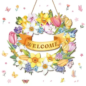 Spring Door Sign, Floral Welcome Spring Door Hanging Decoration, Front Door Rustic Style Wall Decor, Easter Celebration Indoor Outdoor, Wooden Decorative Ornaments