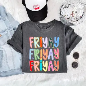 Comfort Colors Friyay Funny Teacher T-Shirt, Preppy Color Block Glitter Positive Back to School Tee, First Day of School Teacher Appreciation Gift