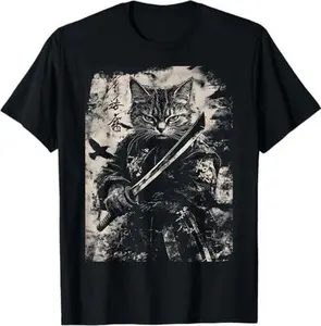 samurai cat vintage Japanese art anime warrior men graphic T-Shirt