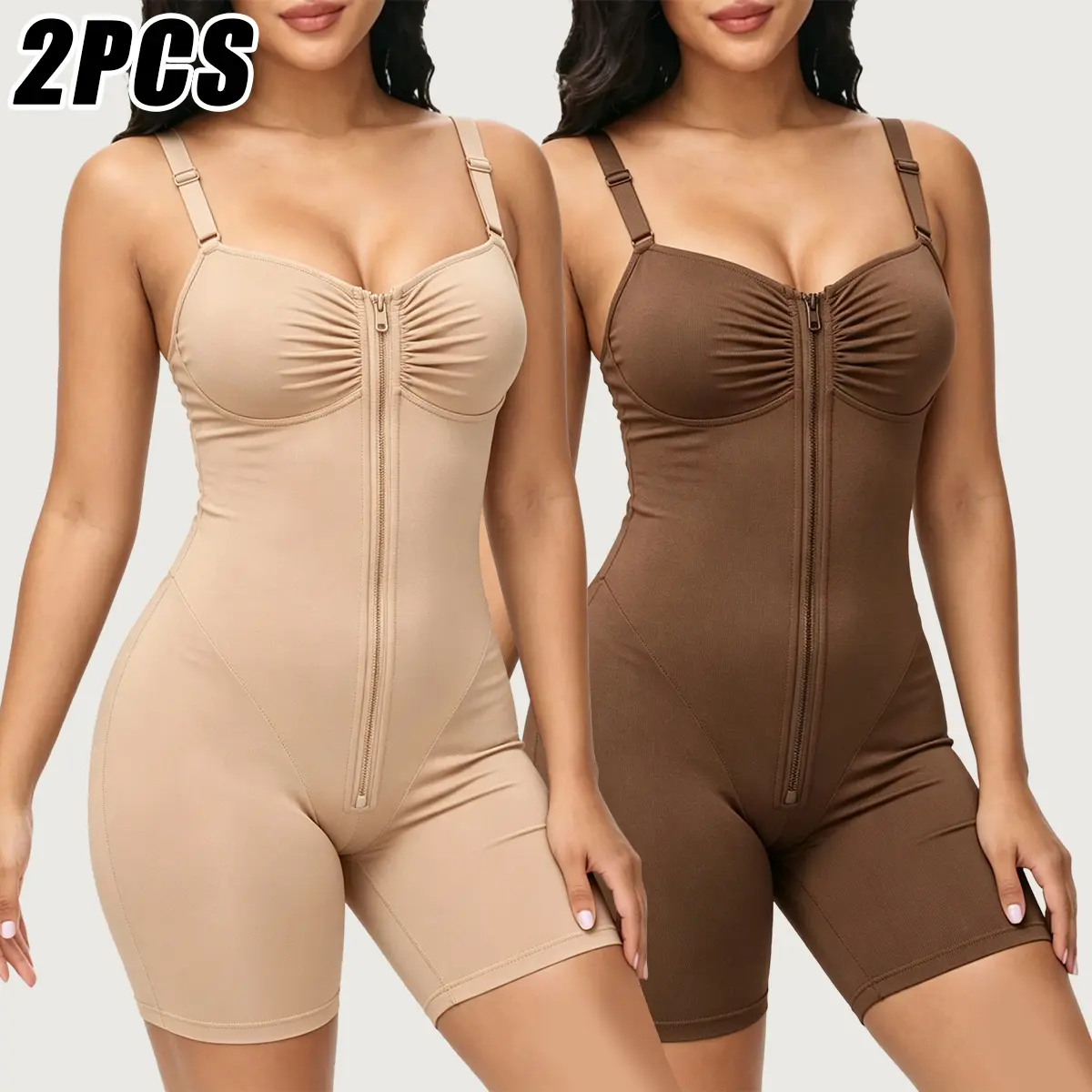 Women’s 2-piece set shaping bodysuit with tummy control, deep V front zipper, and square neckline. Adjustable shoulder straps, high elasticity for a slim fit. Suitable for wearing under formal attire, bridal parties, and everyday casual occasions.
