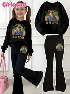Girl The "Stranger Things" Print Set, Casual Sportswear & Bell Bottoms, Elastic Waist Pants, Trendy  Youthwear , Suitable for Spring Fall Winter
