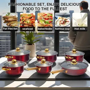Red Cookware Set, 12-Piece ,Stainless Steel, Non-Stick, Kitchen Cookware Collection,Complete Kitchen Solution