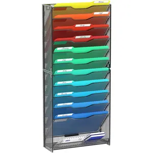 12 Tier Wall File Organizer,  Wall Mount File Holder Paper Folder Mail Organizer, Mesh Metal, Black.