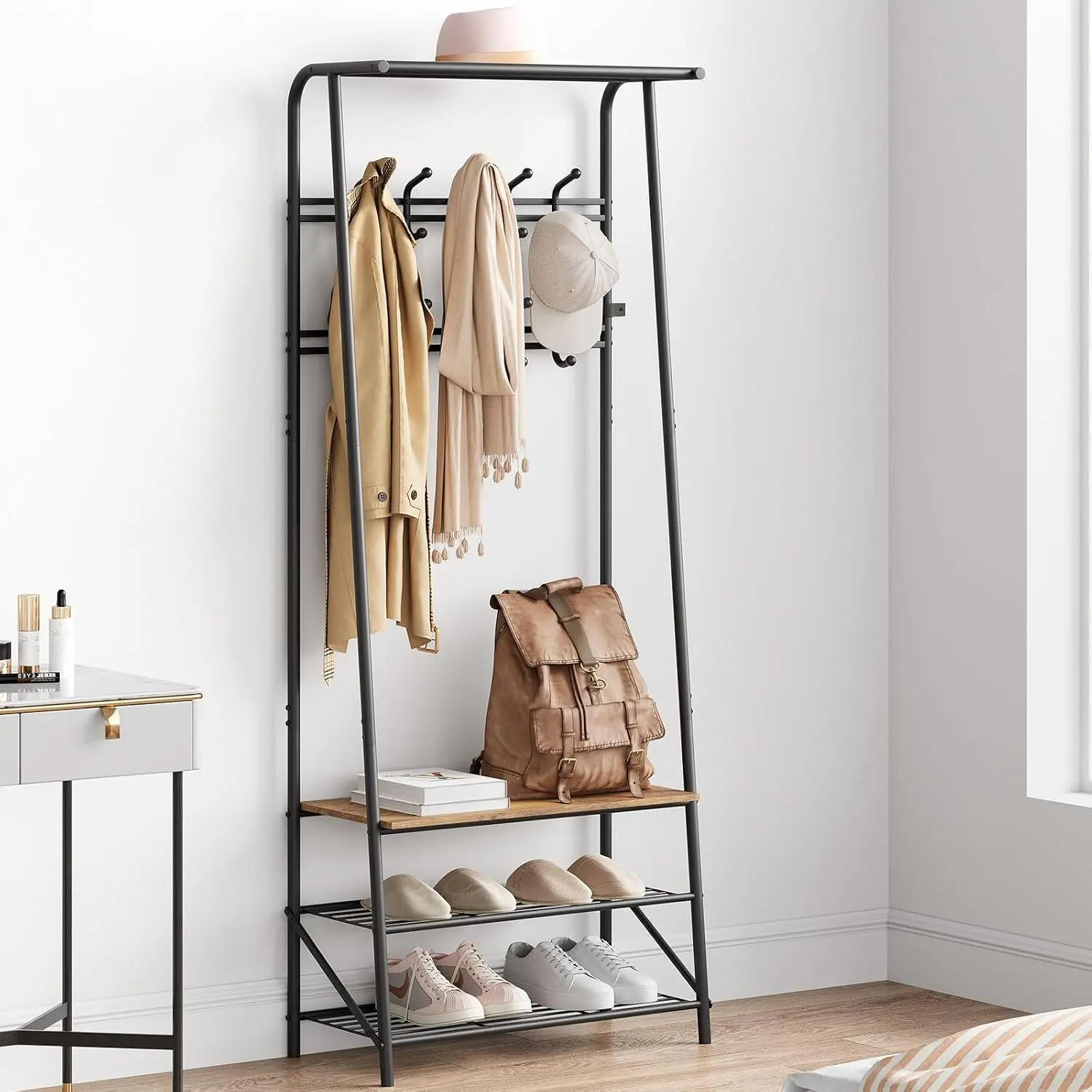 GAOMON Freestanding Vintage Industrial Farmhouse Hall Tree - Metal Frame, Wooden Panels, Hanging Coat Hooks, Roomy Shoe Rack Bench, Multiple-Tiers Top Shelf Added, Space-Saving DIY Storage Entryway Organiser, Rustic Brown